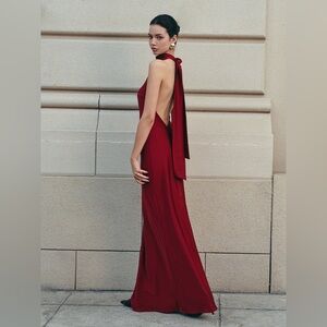 Nwt Commense burgundy open back satin halter  dress mock neck
